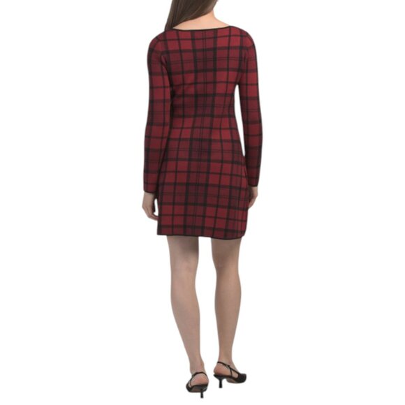 TAHARI Long Sleeve Plaid Mini Dress With Velvet Faux Pearl Hair Bow - Picture 2 of 3